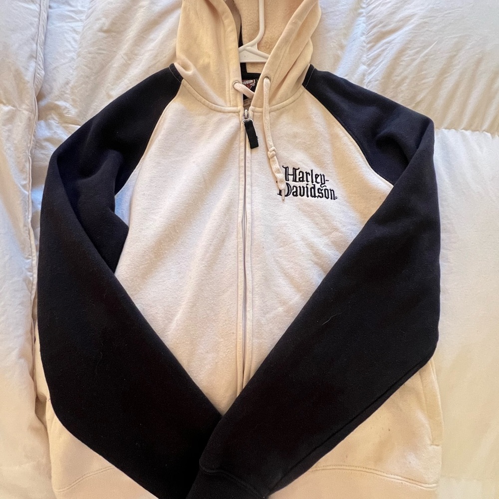 Vintage RARE Harley-Davidson Zip-Up Black and Cream hoodie